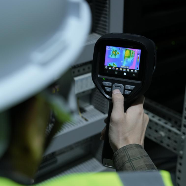Electrician using a handheld thermal imager to inspect electrical wires for overheating.